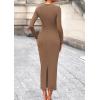 imagePRETTYGARDEN Womens 2025 Wedding Guest Midi Dresses Semi Formal Long Sleeve Bodycon Tie Waist Cocktail Fall Fashion ClothesKhaki