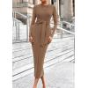 imagePRETTYGARDEN Womens 2025 Wedding Guest Midi Dresses Semi Formal Long Sleeve Bodycon Tie Waist Cocktail Fall Fashion ClothesKhaki
