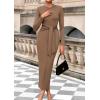 imagePRETTYGARDEN Womens 2025 Wedding Guest Midi Dresses Semi Formal Long Sleeve Bodycon Tie Waist Cocktail Fall Fashion ClothesKhaki