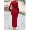 imagePRETTYGARDEN Womens 2025 Wedding Guest Midi Dresses Semi Formal Long Sleeve Bodycon Tie Waist Cocktail Fall Fashion ClothesRed