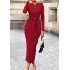 imagePRETTYGARDEN Womens 2025 Wedding Guest Midi Dresses Semi Formal Long Sleeve Bodycon Tie Waist Cocktail Fall Fashion ClothesRed