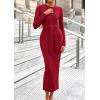 imagePRETTYGARDEN Womens 2025 Wedding Guest Midi Dresses Semi Formal Long Sleeve Bodycon Tie Waist Cocktail Fall Fashion ClothesRed
