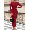 imagePRETTYGARDEN Womens 2025 Wedding Guest Midi Dresses Semi Formal Long Sleeve Bodycon Tie Waist Cocktail Fall Fashion ClothesRed