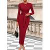 imagePRETTYGARDEN Womens 2025 Wedding Guest Midi Dresses Semi Formal Long Sleeve Bodycon Tie Waist Cocktail Fall Fashion ClothesRed