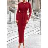 imagePRETTYGARDEN Womens 2025 Wedding Guest Midi Dresses Semi Formal Long Sleeve Bodycon Tie Waist Cocktail Fall Fashion ClothesRed
