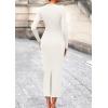imagePRETTYGARDEN Womens 2025 Wedding Guest Midi Dresses Semi Formal Long Sleeve Bodycon Tie Waist Cocktail Fall Fashion ClothesWhite