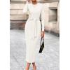 imagePRETTYGARDEN Womens 2025 Wedding Guest Midi Dresses Semi Formal Long Sleeve Bodycon Tie Waist Cocktail Fall Fashion ClothesWhite