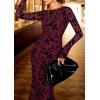 imagePRETTYGARDEN Womens Floral Bodycon Maxi Dress 2025 Fall Elegant Mesh Long Sleeve Formal Wedding Guest Cocktail DressesBurgundy