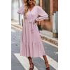 imagePRETTYGARDEN Womens Floral Boho Dress Fall Long Sleeve Wrap V Neck Ruffle Flowy Maxi Spring Wedding Guest Vacation DressesSolid Pink