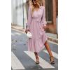 imagePRETTYGARDEN Womens Floral Boho Dress Fall Long Sleeve Wrap V Neck Ruffle Flowy Maxi Spring Wedding Guest Vacation DressesSolid Pink