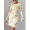 imagePRETTYGARDEN Womens Floral Embroidered Dress 2025 Fall Long Bell Sleeve Ribbon Flower Mini Short Mesh Bodycon Party DressesBeige