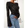 imagePRETTYGARDEN Womens Lace Long Bell Sleeve Tops 2025 Fall Sexy See Through Sheer Floral Blouse Shirt Fitted Going Out OutfitsBlack