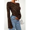 imagePRETTYGARDEN Womens Lace Long Bell Sleeve Tops 2025 Fall Sexy See Through Sheer Floral Blouse Shirt Fitted Going Out OutfitsBrown