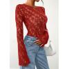 imagePRETTYGARDEN Womens Lace Long Bell Sleeve Tops 2025 Fall Sexy See Through Sheer Floral Blouse Shirt Fitted Going Out OutfitsRed
