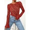 imagePRETTYGARDEN Womens Lace Long Bell Sleeve Tops 2025 Fall Sexy See Through Sheer Floral Blouse Shirt Fitted Going Out OutfitsRed