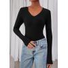 imagePRETTYGARDEN Womens Long Sleeve T Shirts 2025 Fall Trendy Deep V Neck Slim Fit Basic Crop Tops Casual Going Out TopBlack