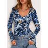 imagePRETTYGARDEN Womens Long Sleeve T Shirts 2025 Fall Trendy Deep V Neck Slim Fit Basic Crop Tops Casual Going Out TopDark Blue Floral