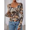 imagePRETTYGARDEN Womens Long Sleeve T Shirts 2025 Fall Trendy Deep V Neck Slim Fit Basic Crop Tops Casual Going Out TopKhaki Floral