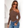 imagePRETTYGARDEN Womens Off Shoulder Long Sleeve Shirts 2025 Fall Ruched Fitted Asymmetrical Going Out Tops Trendy Y2K ClothesBrown