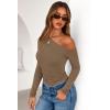 imagePRETTYGARDEN Womens Off Shoulder Long Sleeve Shirts 2025 Fall Ruched Fitted Asymmetrical Going Out Tops Trendy Y2K ClothesKhaki