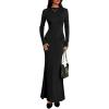 imagePRETTYGARDEN Fall Dresses for Women 2025 Long Sleeve Bodycon Mock Neck Ruched Maxi Formal Cocktail Wedding Guest DressBlack