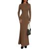 imagePRETTYGARDEN Fall Dresses for Women 2025 Long Sleeve Bodycon Mock Neck Ruched Maxi Formal Cocktail Wedding Guest DressBrown