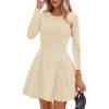 imagePRETTYGARDEN Long Sleeve Mini Dress for Women 2025 Fall Crewneck Knit Pleated Babydoll A Line Soft Casual Short Party DressesBeige