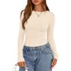imagePRETTYGARDEN Long Sleeve Shirts for Women 2025 Fall Clothes Cute Going Out Tops Ribbed Tight Fitted Plain Basic Tee TshirtsBeige