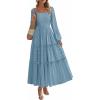 imagePRETTYGARDEN Maxi Dresses for Women 2025 Fall Casual Long Sleeve Smocked A Line Ruffle Flowy Boho Wedding Guest Dress PocketsDusty Blue