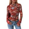 imagePRETTYGARDEN Womens 2025 Fall Mesh Floral Blouses Long Sleeve Going Out Tops Slim Fitted Shirts Date Night OutfitsFloral Black Red