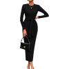 imagePRETTYGARDEN Womens 2025 Wedding Guest Midi Dresses Semi Formal Long Sleeve Bodycon Tie Waist Cocktail Fall Fashion ClothesBlack