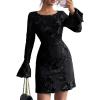 imagePRETTYGARDEN Womens Floral Embroidered Dress 2025 Fall Long Bell Sleeve Ribbon Flower Mini Short Mesh Bodycon Party DressesBlack