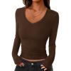 imagePRETTYGARDEN Womens Long Sleeve T Shirts 2025 Fall Trendy Deep V Neck Slim Fit Basic Crop Tops Casual Going Out TopBrown