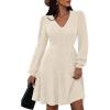 imagePRETTYGARDEN Womens Sweater Dress 2025 Fall Long Sleeve V Neck A Line Fit and Flare Ribbed Short Dresses Knit Outfits PocketsBeige