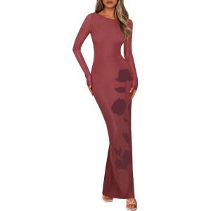 imagePRETTYGARDEN Bodycon Maxi Dress 2025 Fall Floral Long Sleeve Sexy Mesh Cocktail Wedding Guest Long DressesBrown
