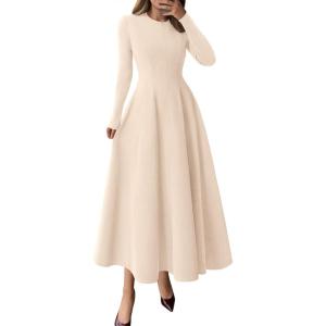 imagePRETTYGARDEN Cocktail Dresses for Women 2025 Elegant Classy Fall Long Sleeve Midi Swing A Line Flowy Modest Party DressBeige