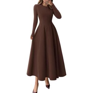 imagePRETTYGARDEN Cocktail Dresses for Women 2025 Elegant Classy Fall Long Sleeve Midi Swing A Line Flowy Modest Party DressBrown