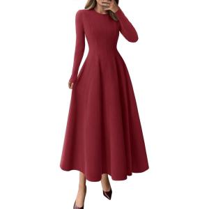 imagePRETTYGARDEN Cocktail Dresses for Women 2025 Elegant Classy Fall Long Sleeve Midi Swing A Line Flowy Modest Party DressBurgundy