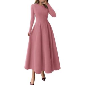 imagePRETTYGARDEN Cocktail Dresses for Women 2025 Elegant Classy Fall Long Sleeve Midi Swing A Line Flowy Modest Party DressPink
