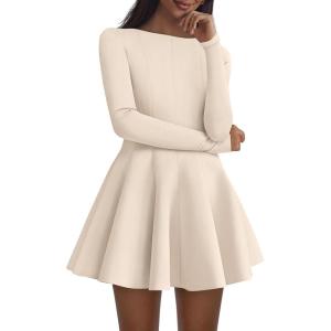 imagePRETTYGARDEN Cocktail Dresses for Women Elegant Classy 2025 Fall A Line Long Sleeve Homecoming Graduation Party Mini DressBeige