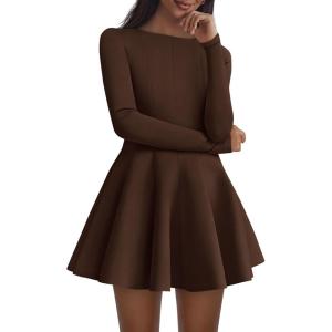 imagePRETTYGARDEN Cocktail Dresses for Women Elegant Classy 2025 Fall A Line Long Sleeve Homecoming Graduation Party Mini DressBrown