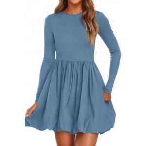 imagePRETTYGARDEN Fall Dresses for Women 2025 Casual Long Sleeve Bubble Cute Crew Neck A Line Mini Short Dress with PocketsGrey Blue