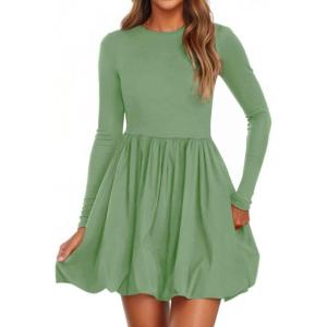 imagePRETTYGARDEN Fall Dresses for Women 2025 Casual Long Sleeve Bubble Cute Crew Neck A Line Mini Short Dress with PocketsLight Green