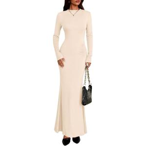 imagePRETTYGARDEN Fall Dresses for Women 2025 Long Sleeve Bodycon Mock Neck Ruched Maxi Formal Cocktail Wedding Guest DressApricot