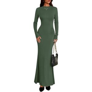 imagePRETTYGARDEN Fall Dresses for Women 2025 Long Sleeve Bodycon Mock Neck Ruched Maxi Formal Cocktail Wedding Guest DressArmy Green