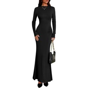 imagePRETTYGARDEN Fall Dresses for Women 2025 Long Sleeve Bodycon Mock Neck Ruched Maxi Formal Cocktail Wedding Guest DressBlack