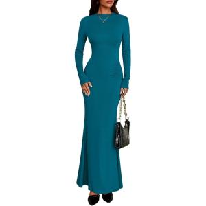 imagePRETTYGARDEN Fall Dresses for Women 2025 Long Sleeve Bodycon Mock Neck Ruched Maxi Formal Cocktail Wedding Guest DressBlue Green