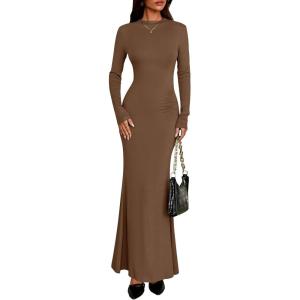 imagePRETTYGARDEN Fall Dresses for Women 2025 Long Sleeve Bodycon Mock Neck Ruched Maxi Formal Cocktail Wedding Guest DressBrown