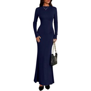 imagePRETTYGARDEN Fall Dresses for Women 2025 Long Sleeve Bodycon Mock Neck Ruched Maxi Formal Cocktail Wedding Guest DressNavy