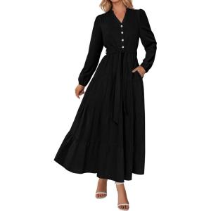 imagePRETTYGARDEN Fall Dresses for Women 2025 Long Sleeve V Neck Belted Ruffle A Line Flowy Boho Maxi Wedding Guest Dress PocketsBlack